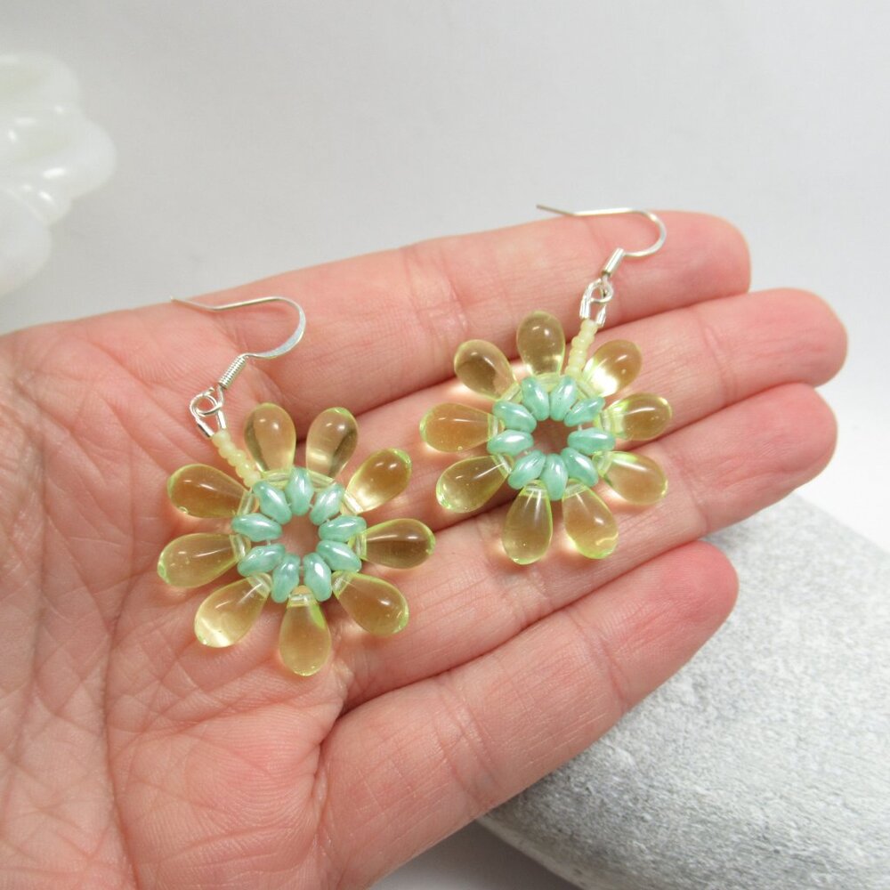 Handwoven Uranium Glass drop flower Statement earrings - Picture 3 of 10